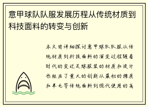 意甲球队队服发展历程从传统材质到科技面料的转变与创新